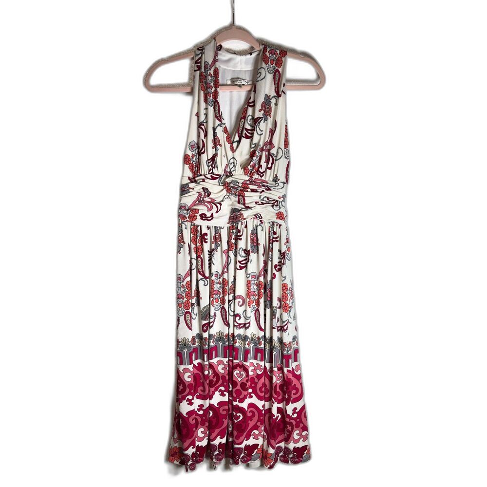 Evan Picone Draped Pleated Waist V-Neck Halter White Floral Paisley Dress Size 4